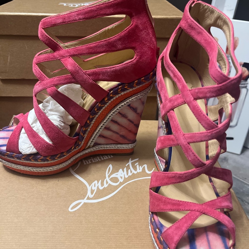 Christian Louboutin Pink Wedge Shoes with Crisscross Straps
